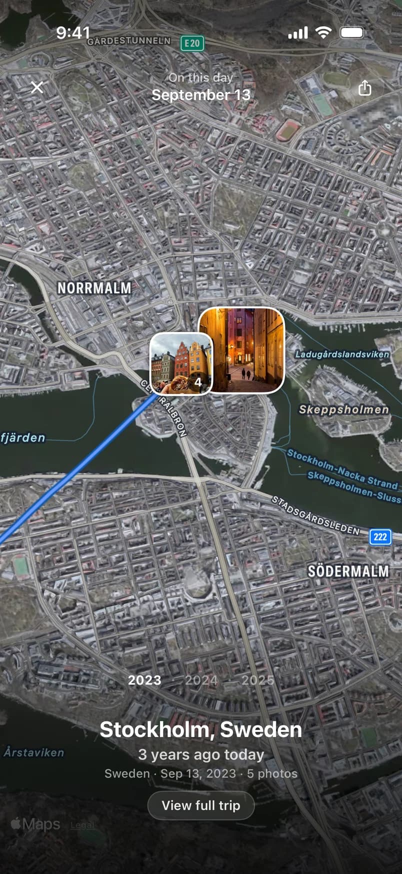 A memory from Stockholm, three years ago today, pinned on a satellite map