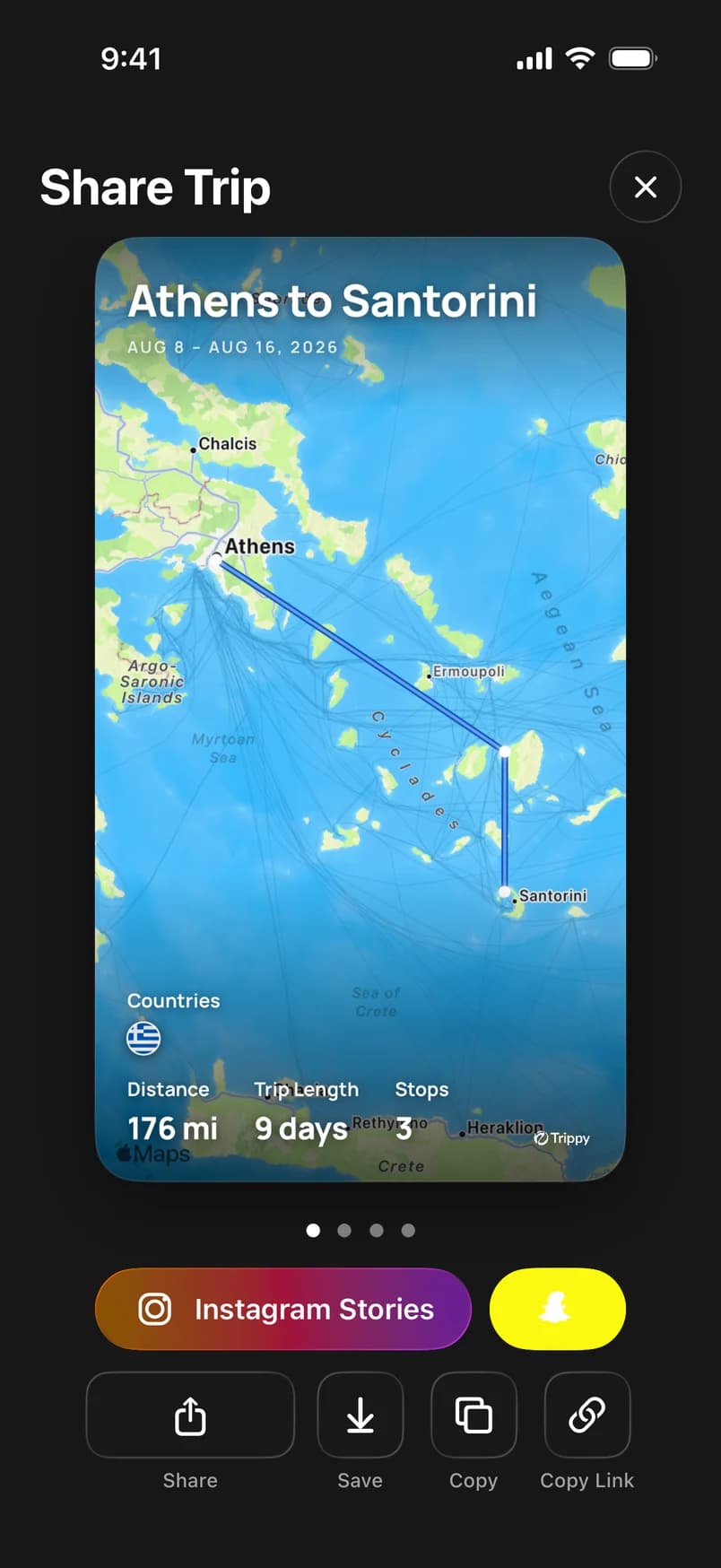 Share Trip screen with an Athens to Santorini route card