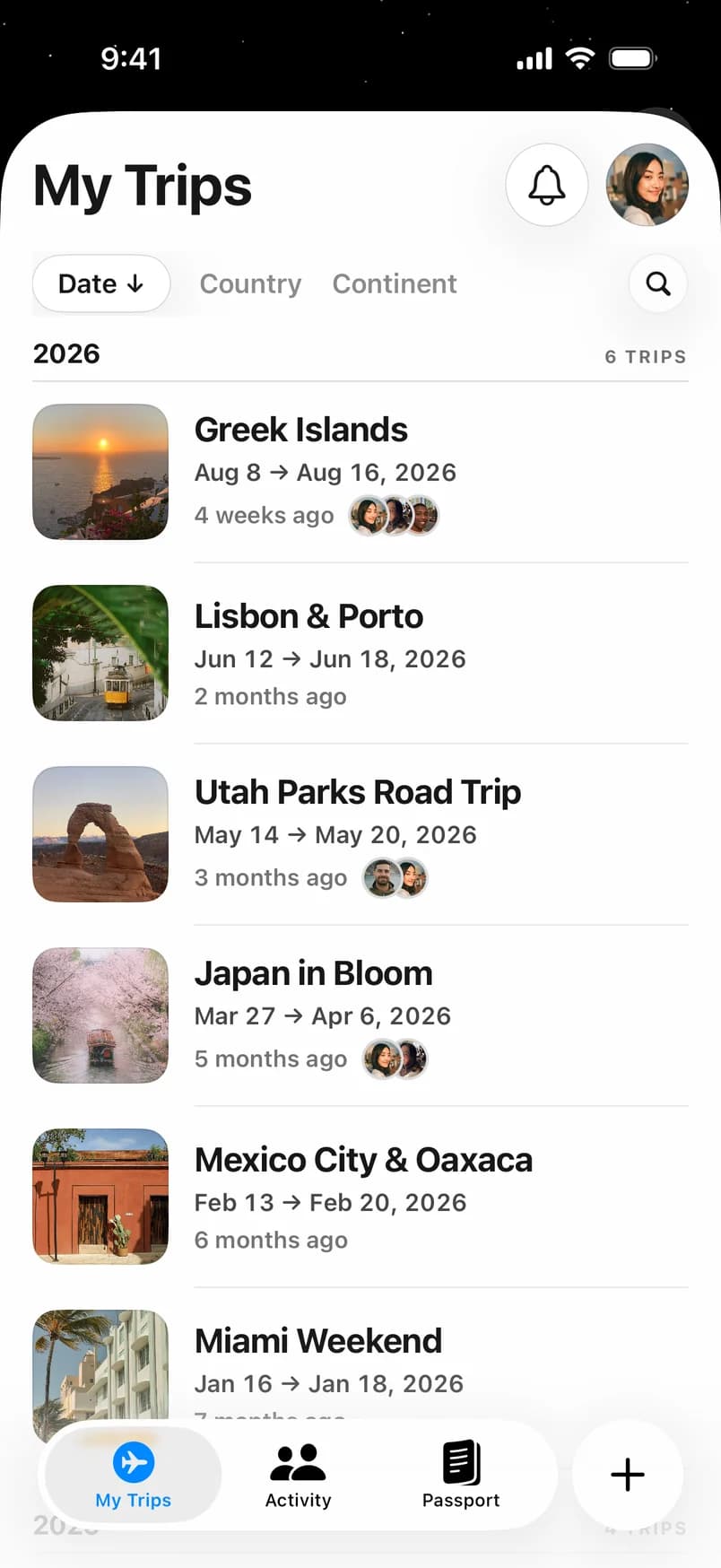 My Trips list grouped by year
