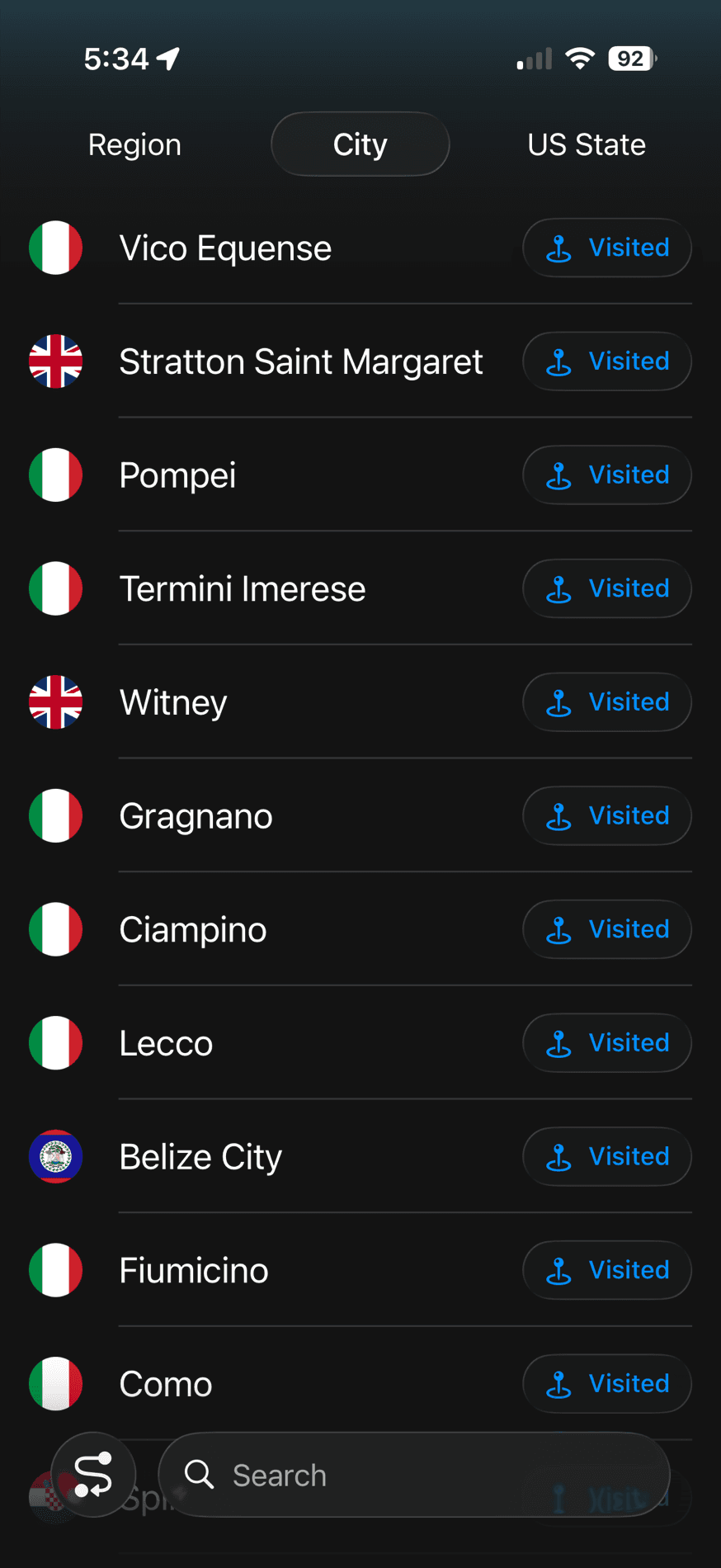 Adding visited cities in Trippy — Pompei, Lecco, Como marked as visited