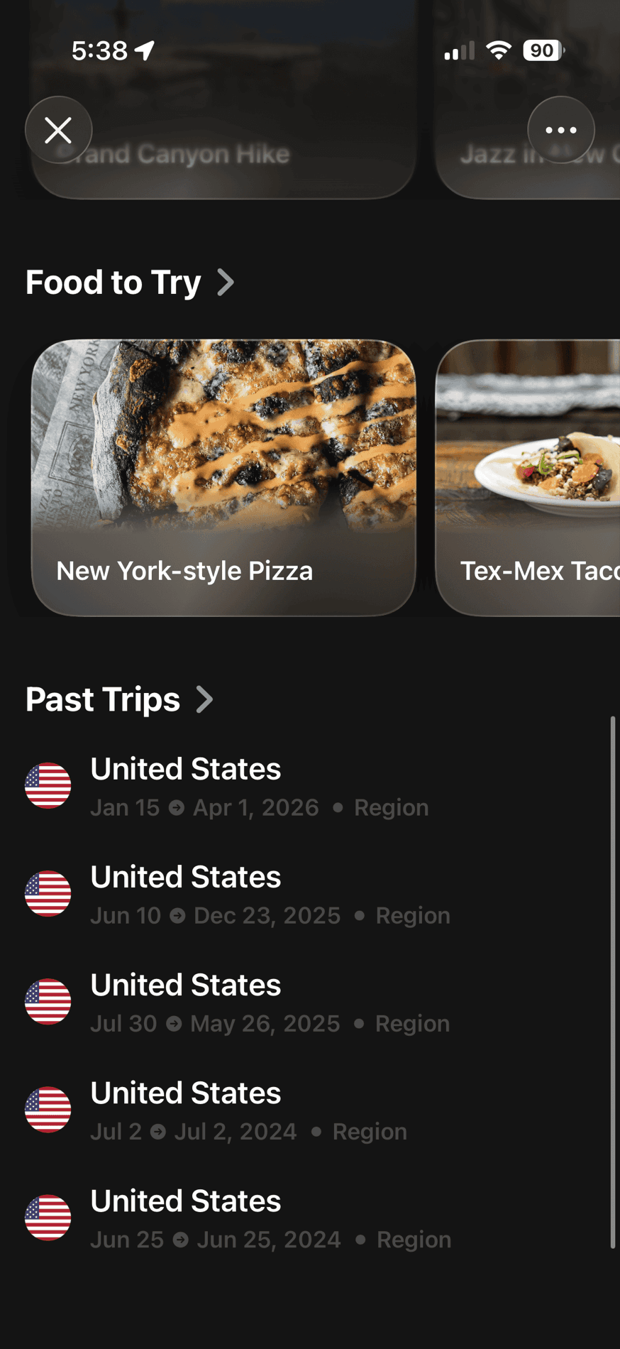 A country page in Trippy with food to try and past trips