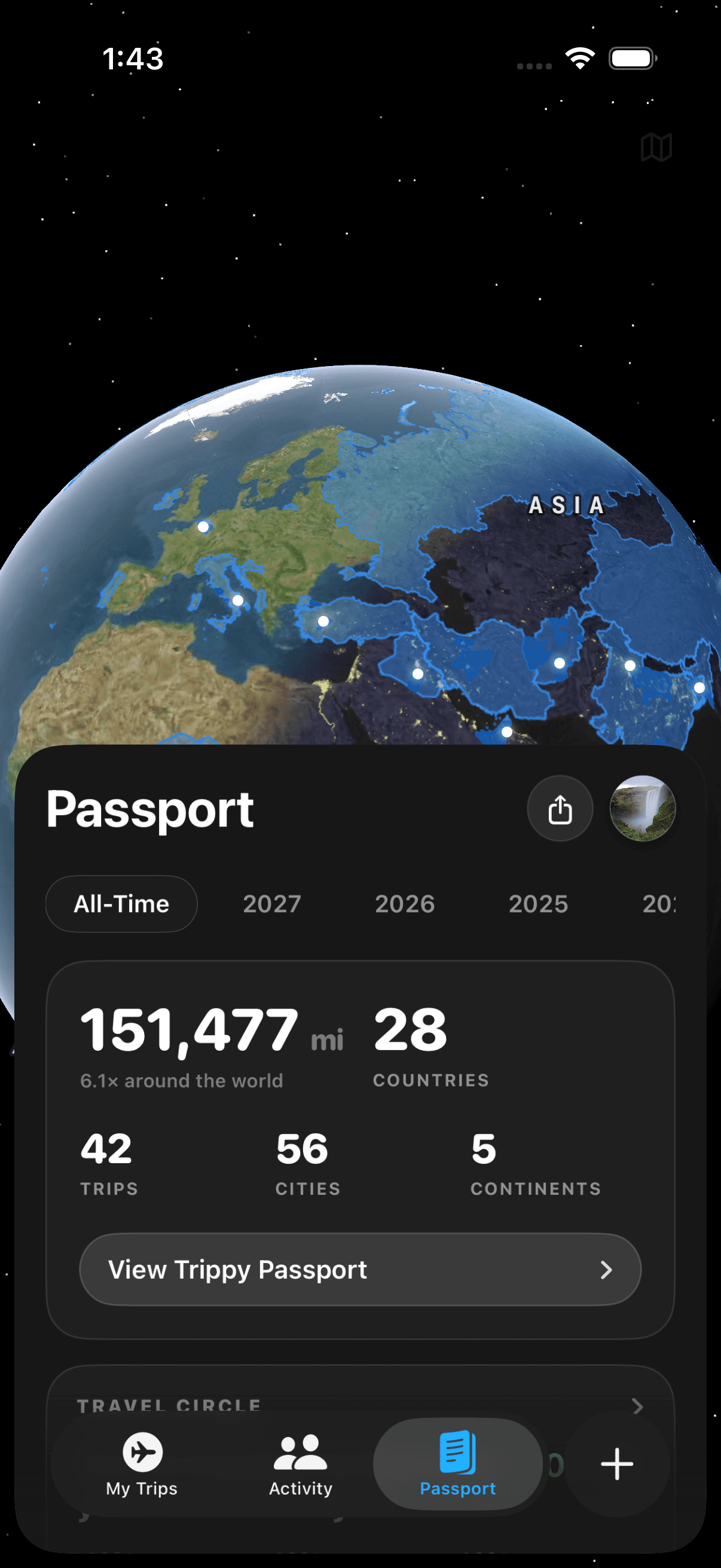 Trippy passport with travel stats